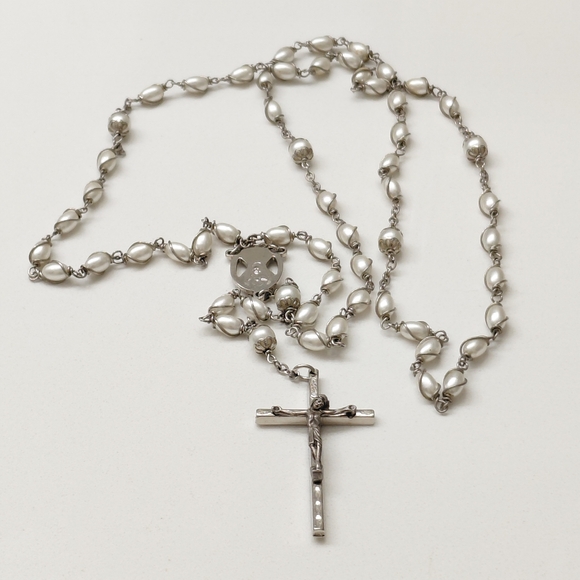 Vintage Silver And Faux Pearl Rosary Necklace Italy MB